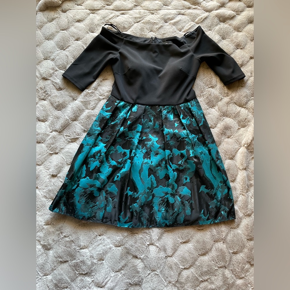 Betsy Adam off the shoulder mini dress with blue floral skirt, size 10.